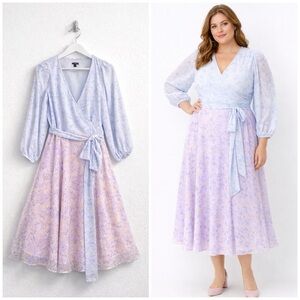 Ann Taylor Blue & Pink Midi Dress with Bishop Sleeves and V-Neck Size 12